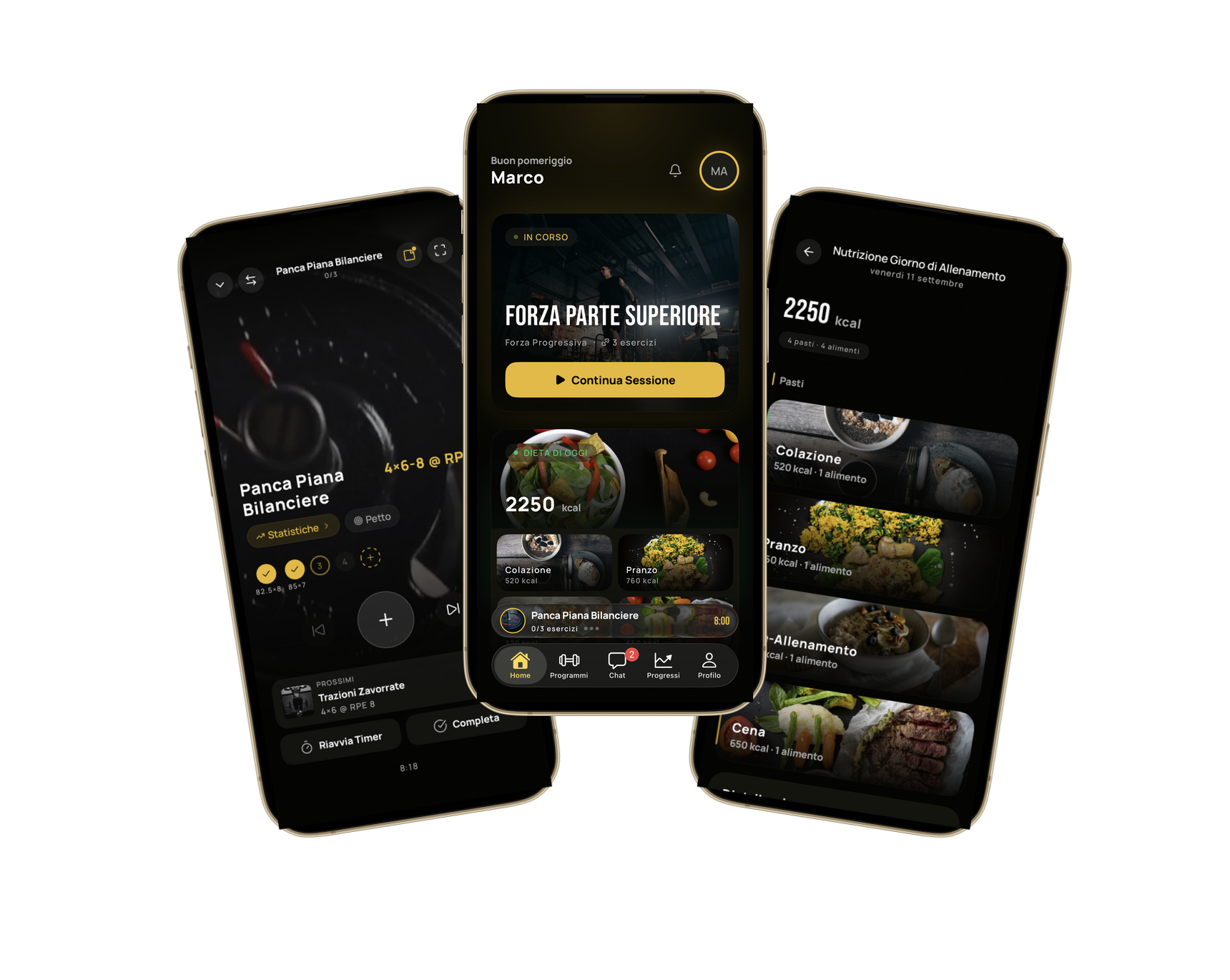 GymTree progress screens on three iPhones
